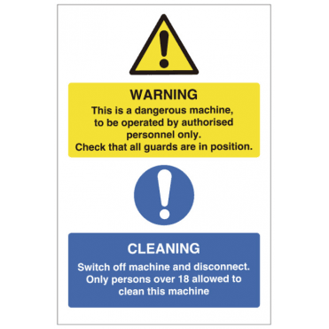 Dangerous Machine / Cleaning Warning Self Adhesive Sticker 30x20cm