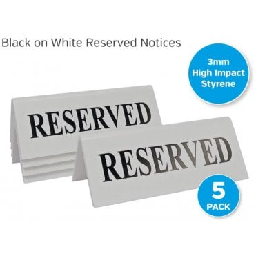 Reserved Sign - Black On White Tent (Pack Of 5) 45x110mm