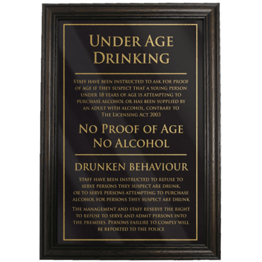 Under Age Drinking / Drunken Behaviour Notice Framed Sign 29x20cm