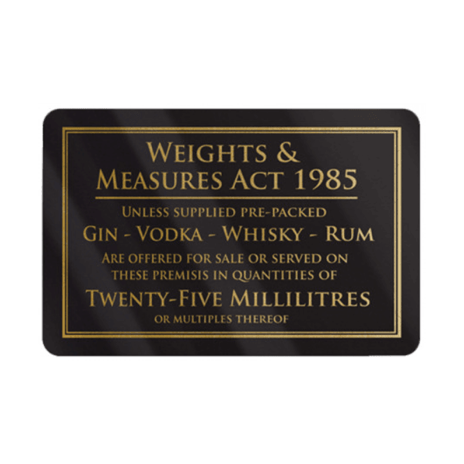 Mileta Signs Weights & Measures Act - 25ml  Rigid Sign 110x170mm